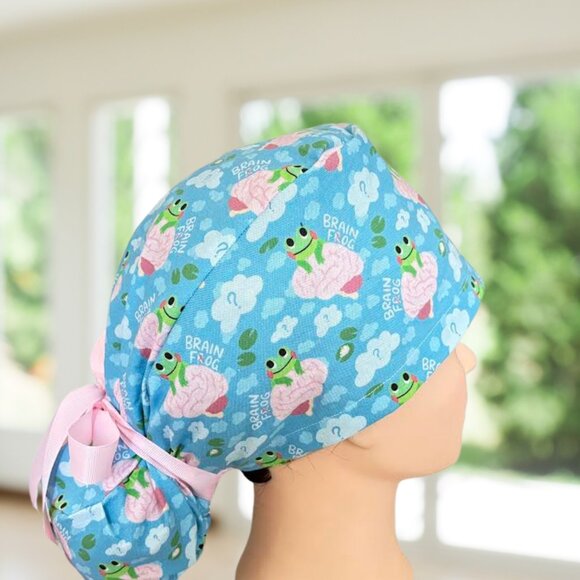 Premium Brain Frog ~ Ponytail Style Scrub Hat, Surgical Cap, MD,CNA, Gift - Picture 2 of 5